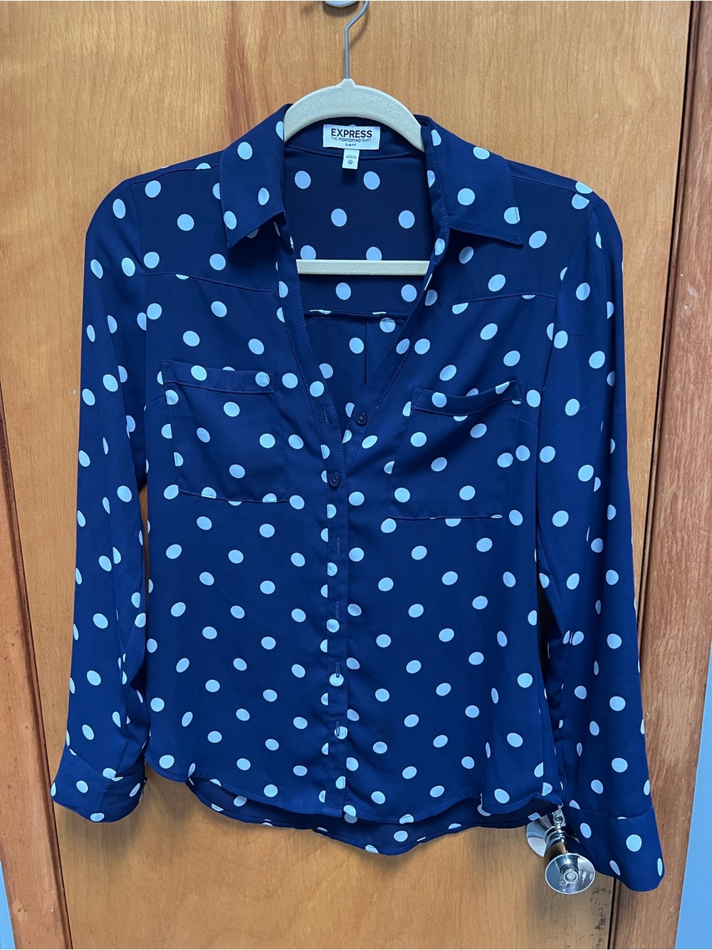 Express Navy Blue Polka Dot Button-Down Blouse